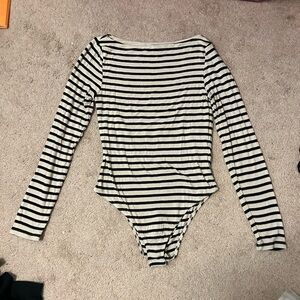 H&M Black and Beige Striped Bodysuit with Long Sleeves